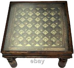 Vintage Indian Table Square Side Coffee Hardwood Brass Decoration Glass Topped