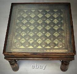 Vintage Indian Table Square Side Coffee Hardwood Brass Decoration Glass Topped