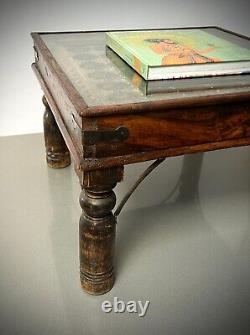 Vintage Indian Table Square Side Coffee Hardwood Brass Decoration Glass Topped