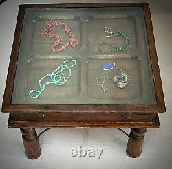 Vintage Indian Table Square Side Coffee Hardwood Glass Topped Display Cabinet