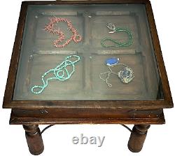 Vintage Indian Table Square Side Coffee Hardwood Glass Topped Display Cabinet