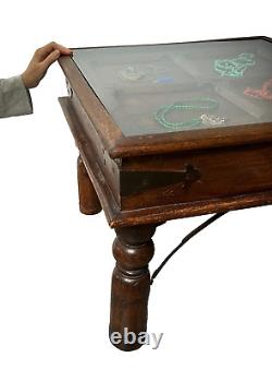 Vintage Indian Table Square Side Coffee Hardwood Glass Topped Display Cabinet