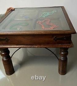 Vintage Indian Table Square Side Coffee Hardwood Glass Topped Display Cabinet