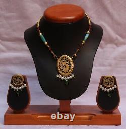 Vintage Indian Theva Thewa Work Gold Silver Amulet Necklace Set Jewelry S 674