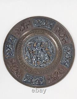 Vintage Indian Wall Plate With Krishna, Antique Silver Copper Brass