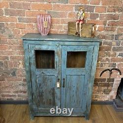 Vintage Indian Wooden Cupboard Rustic Blue Unit With 2 Doors -Vintage Cupboard