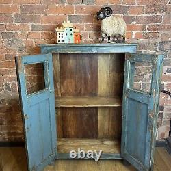 Vintage Indian Wooden Cupboard Rustic Blue Unit With 2 Doors -Vintage Cupboard