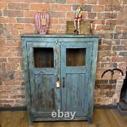 Vintage Indian Wooden Cupboard Rustic Blue Unit With 2 Doors -Vintage Cupboard