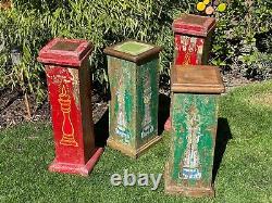 Vintage Indian Wooden Display Plinth Ideal Plant Lamp Stand Hand Painted Green