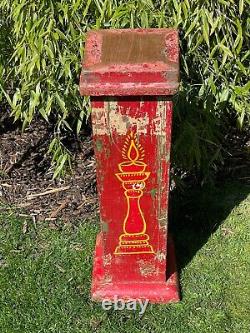 Vintage Indian Wooden Display Plinth Ideal Plant Lamp Stand Hand Painted Red