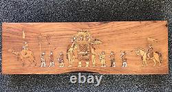 Vintage Indian Wooden Inlaid Marquetry Plaque Ceremonial Scene Howdah Soldiers