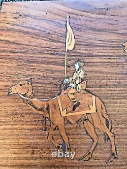 Vintage Indian Wooden Inlaid Marquetry Plaque Ceremonial Scene Howdah Soldiers