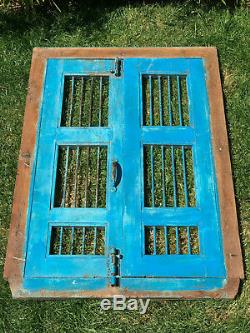 Vintage Indian Wooden Iron Window Jali Screen Hinged Panels Rajasthan Blue