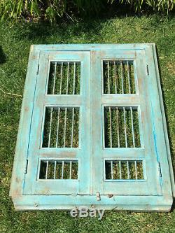 Vintage Indian Wooden Iron Window Jali Screen Hinged Panels Rajasthan Blue