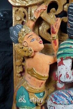 Vintage Indian Wooden Polychrome Wall Carving Decorative Colourful Deity
