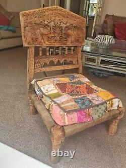 Vintage Indian rajasthani folding Wooden Hand Carved Pida Low Chair Elephants vw
