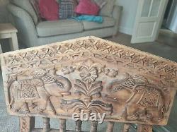 Vintage Indian rajasthani folding Wooden Hand Carved Pida Low Chair Elephants vw