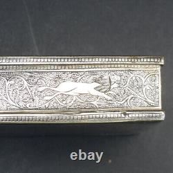 Vintage Indo-Persian Indian Silver Plated Niello Box ELEPHANT HUNT Horses Tigers