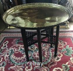 Vintage Islamic Carved Brass Topped Table On Six Folding Legs