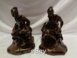 Vintage Jennings Brothers American Indian w Bird Dog Bronze Metal Bookends