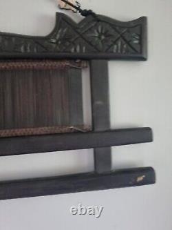 Vintage Large Dark Asian Carved Wood Textiles Hanger or Display Rod