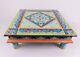 Vintage Low Wooden Tea Table Hand Painted Footstool Plant Stand Blue Pink Teal