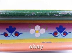 Vintage Low Wooden Tea Table Hand Painted Footstool Plant Stand Blue Pink Teal