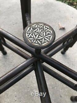 Vintage Moroccan Engraved Copper Tray Table + Carved Folding Wooden Stand Inlay