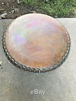 Vintage Moroccan Engraved Copper Tray Table + Carved Folding Wooden Stand Inlay