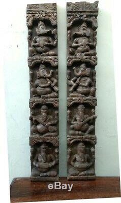 Vintage Musical Ganesh Set Wooden Wall Vertical Panel Hindu God Sculpture Rare