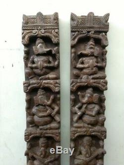 Vintage Musical Ganesh Set Wooden Wall Vertical Panel Hindu God Sculpture panel