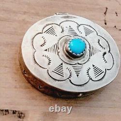 Vintage Native American Pill Box, Sterling Turquoise, Navajo, Hand Made, Stamped