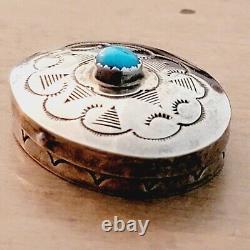 Vintage Native American Pill Box, Sterling Turquoise, Navajo, Hand Made, Stamped