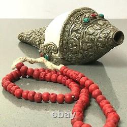 Vintage Nepalese Large Conch Shell. White Metal, Turquoise & Coral. Buddhist