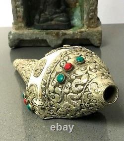Vintage Nepalese Large Conch Shell. White Metal, Turquoise & Coral. Buddhist