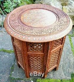 Vintage Octagonal Anglo/indian Folding Inlaid Wooden Side Table