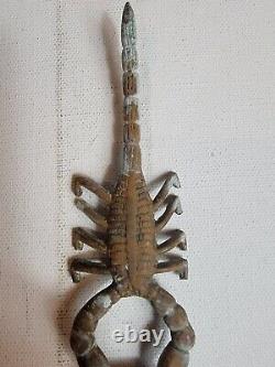 Vintage Old Antique Brass Scorpion Shape Lord Krishna Embossed Rare Temple Spoon