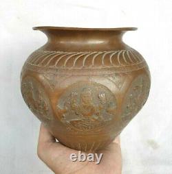 Vintage Old Antique Copper Handcrafted Very Rare Goddess Engraved Holy Water Pot