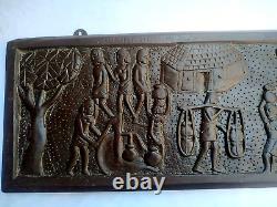 Vintage Old Indian Carved Wooden Wall Hanging Panel Village People Storing Water