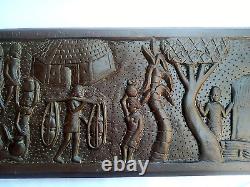 Vintage Old Indian Carved Wooden Wall Hanging Panel Village People Storing Water