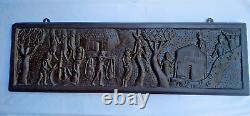 Vintage Old Indian Carved Wooden Wall Hanging Panel Village People Storing Water