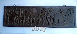 Vintage Old Indian Carved Wooden Wall Hanging Panel Village People Storing Water