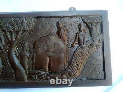 Vintage Old Indian Carved Wooden Wall Hanging Panel Village People Storing Water