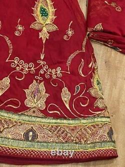 Vintage Old Indian Red Traditional BRIDAL LEHENGA ODHANI DRESS Beads Hand Work