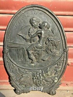 Vintage Old Very Rare Lady Hugging poet Brass Wall hanging Figurine Statue Panel