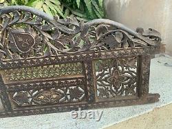 Vintage Old Wooden Hand Carved Brass Inlay Floral Work Mirror Frame Wall Panel
