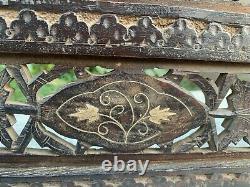 Vintage Old Wooden Hand Carved Brass Inlay Floral Work Mirror Frame Wall Panel