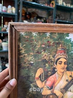 Vintage Original Raja Ravi Varma's Goddess Sarasvati Lithograph Print Framed