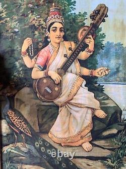 Vintage Original Raja Ravi Varma's Goddess Sarasvati Lithograph Print Framed
