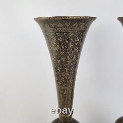 Vintage Pair Indian Brass Trumpet Vases With Black Enamel Bidriware Style 35cm